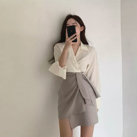 Two Piece Set Female Shirt+High waist A-line Irregular skirt.