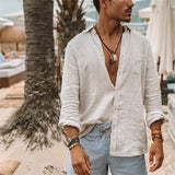 2024 Men Casual Cotton Linen ShirtsStanding Collar Male .