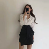 Two Piece Set Female Shirt+High waist A-line Irregular skirt.