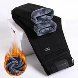 Winter Fleece Thick Warm Jeans Men's Slim Straight Elastic Denim Pants .