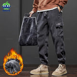 OUSSYU Winter Men's Fleece Warm Cargo Corduroy Pants J.