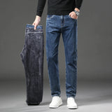 Winter Fleece Thick Warm Jeans Men's Slim Straight Elastic Denim Pants .