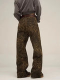 HOUZHOU Tan Leopard Jeans Women Denim Pants Female Oversize Wide Leg Trousers .