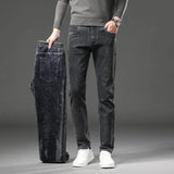 Winter Fleece Thick Warm Jeans Men's Slim Straight Elastic Denim Pants .