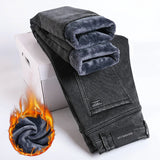 Winter Fleece Thick Warm Jeans Men's Slim Straight Elastic Denim Pants .