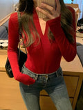 V-neck Knitted Long Sleeved Shirts