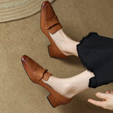 Oxford Square Toe Boat Shoes; Pumps Pleated Slip on Mid Heels:  Grain Chunky Office Shoes / Heels