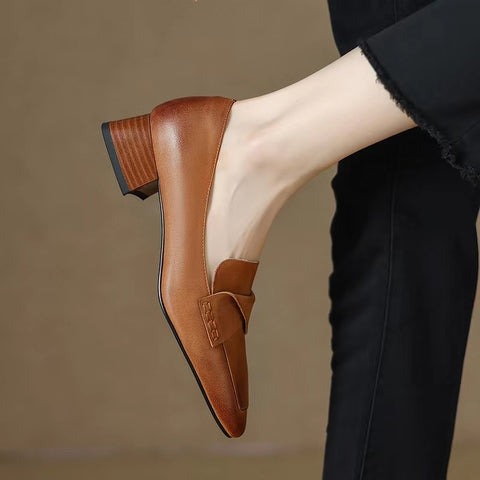 Oxford Square Toe Boat Shoes; Pumps Pleated Slip on Mid Heels:  Grain Chunky Office Shoes / Heels