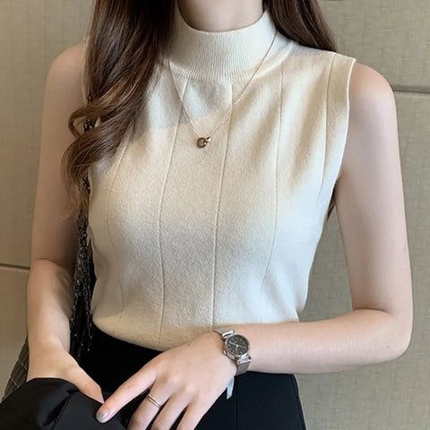 Sleeveless Knitted Turtleneck Blouse for Women