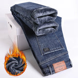 Winter Fleece Thick Warm Jeans Men's Slim Straight Elastic Denim Pants .