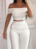 Two Piece Set Women's Casual Solid Slim Short and High Waist Long Pants  for Office