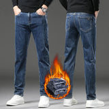 Winter Fleece Thick Warm Jeans Men's Slim Straight Elastic Denim Pants .