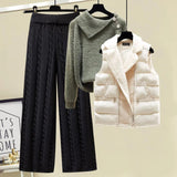 Plus Size Winter Warm - 3 Piece Set Women Pullover Sweater + Wide Leg Pants +Lamb Wool Vest Knitted Suit Tracksuit Women's Clothes