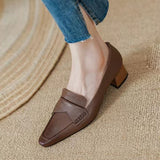 Oxford Square Toe Boat Shoes; Pumps Pleated Slip on Mid Heels:  Grain Chunky Office Shoes / Heels