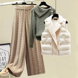 Plus Size Winter Warm - 3 Piece Set Women Pullover Sweater + Wide Leg Pants +Lamb Wool Vest Knitted Suit Tracksuit Women's Clothes