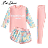 3Pcs Kids Girls Colorful Print Swimsuit Swimwear Long Sleeve Top+Shorts with Pants