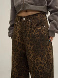 HOUZHOU Tan Leopard Jeans Women Denim Pants Female Oversize Wide Leg Trousers .