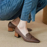 Oxford Square Toe Boat Shoes; Pumps Pleated Slip on Mid Heels:  Grain Chunky Office Shoes / Heels