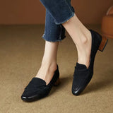 Oxford Square Toe Boat Shoes; Pumps Pleated Slip on Mid Heels:  Grain Chunky Office Shoes / Heels