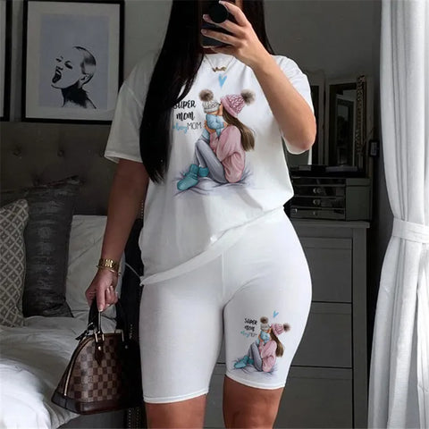 Women Two Piece Set Super Mom Tshirts & Shorts Set Summer Short Sleeve Jogging Biker Shorts Sexy Outfit For Woman Track Suit