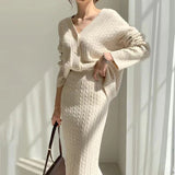 V-neck Single-breasted Twist Classic Sweater+high Waist Skirt for Women