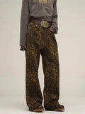 HOUZHOU Tan Leopard Jeans Women Denim Pants Female Oversize Wide Leg Trousers .