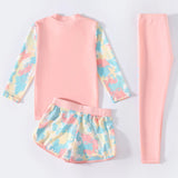 3Pcs Kids Girls Colorful Print Swimsuit Swimwear Long Sleeve Top+Shorts with Pants