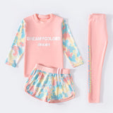 3Pcs Kids Girls Colorful Print Swimsuit Swimwear Long Sleeve Top+Shorts with Pants