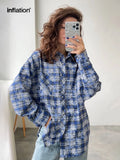 INFLATION Brushed Check Shirts Men Blue Plaid Long Sleeve Oversized Shirts Male Plus Size